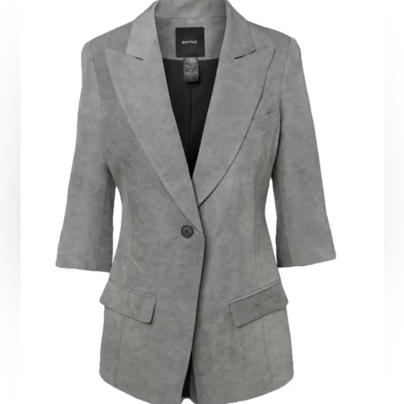 SMYTHE Slate Linen Blend One Button Closure Blazer - Picture 3 of 16